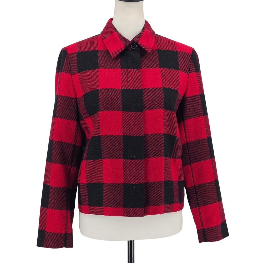 Talbots Buffalo Plaid Wool Full Zip Shacket 6P Red Black Italy Classic Cabincore